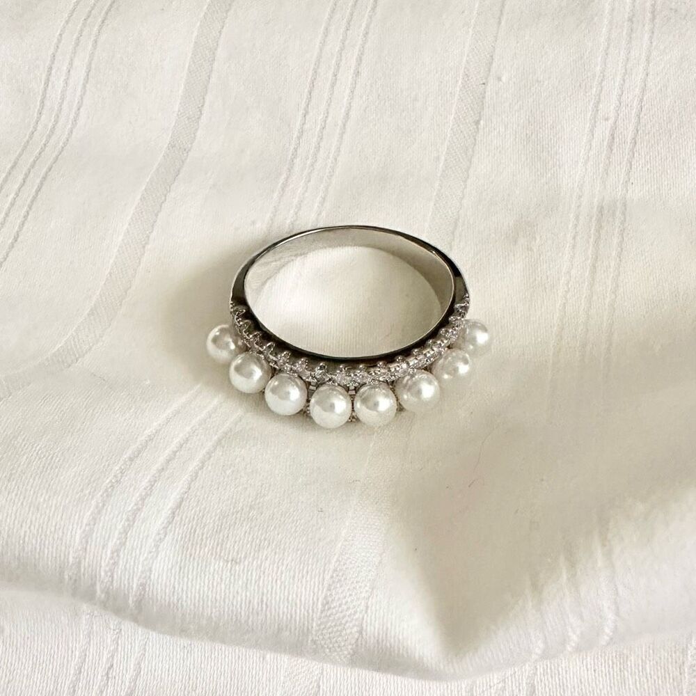 Faux pearl silver color ring